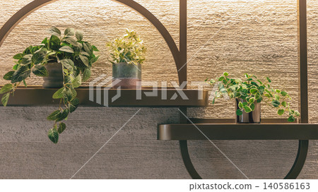 Shelves lined with houseplants; wall display; room with indirect lighting. Shelves lined with houseplants; wall display; room with indirect lighting. 140586163