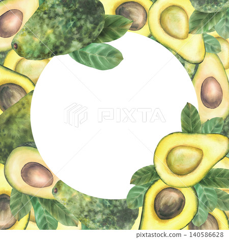 Whole and sliced avocados with green leaves round frame with empty center. Hand painted watercolor illustration isolated from background for healthy food label branding, organic, vegan recipes, menu. Whole and sliced avocados with green leaves round frame with empty center. Hand painted watercolor illustration isolated from background for healthy food label branding, organic, vegan recipes, menu. 140586628