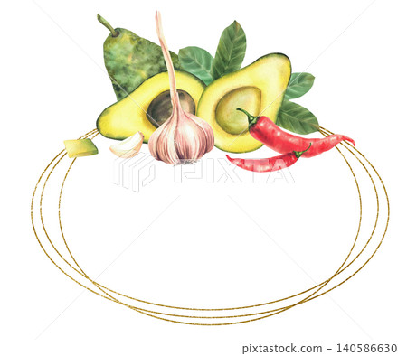Watercolor avocado whole and cut fruit, garlic bulb, clove and red chili peppers an golden circular frame. Healthy food, Guacamole ingredients label oval template. Hand drawn isolated illustration. Watercolor avocado whole and cut fruit, garlic bulb, clove and red chili peppers an golden circular frame. Healthy food, Guacamole ingredients label oval template. Hand drawn isolated illustration. 140586630