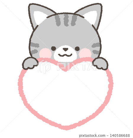 A tabby cat peeking out from above the heart 140586688