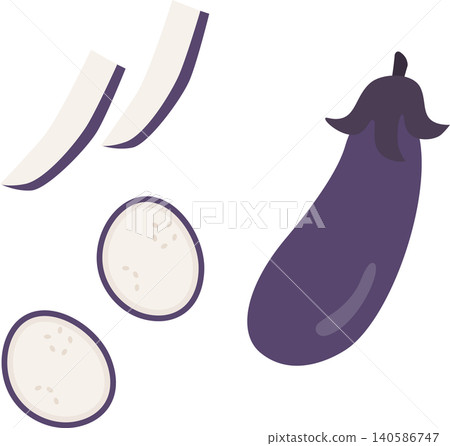 A set of simple eggplant illustrations (whole, sliced lengthwise, and sliced). 140586747