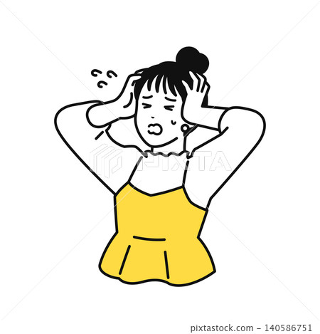 A young woman with her hair tied up is holding her head in her hands in panic. 140586751
