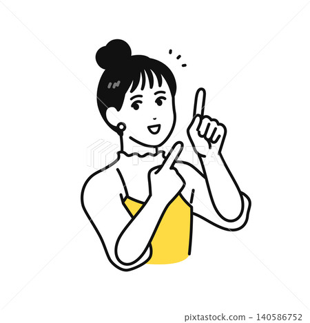 A young woman with her hair tied up smiles and points to the point that needs to be emphasized. A young woman with her hair tied up smiles and points to the point that needs to be emphasized. 140586752
