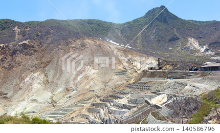 箱根大湧谷的動態火山景觀，白色的煙霧從地面升騰而起。 140586796
