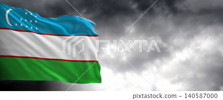 National flag of Uzbekistan with dark clouds in the background National flag of Uzbekistan with dark clouds in the background 140587000
