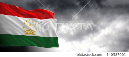 National flag of Tajikistan with dark clouds in the background National flag of Tajikistan with dark clouds in the background 140587001