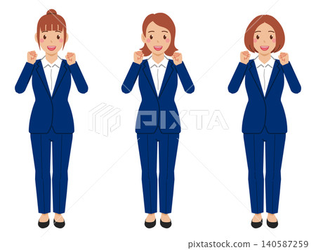 [Full body] A young woman in a dress shirt and navy pantsuit making a victory pose. 140587259