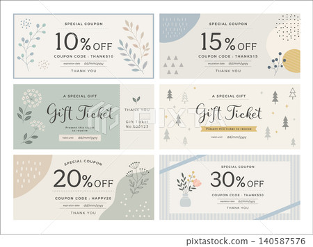 Stylish Scandinavian-style coupon and gift certificate template set - hand-drawn illustration materials Stylish Scandinavian-style coupon and gift certificate template set - hand-drawn illustration materials 140587576
