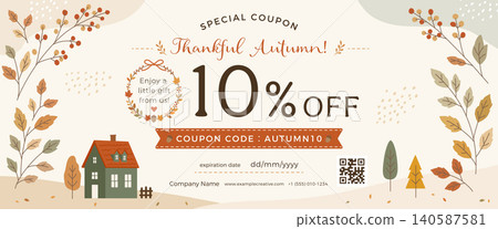 Scandinavian-style autumn coupon - Stylish template with hand-drawn houses and autumn leaves Scandinavian-style autumn coupon - Stylish template with hand-drawn houses and autumn leaves 140587581
