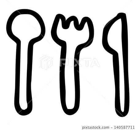 Hand drawn outline of spoon, fork and knife for kid colouring book, cutlery, eating, cuisine, food, kitchenware, kitchen, department store, kid drawing style, home decor, online shopping, supermarket Hand drawn outline of spoon, fork and knife for kid colouring book, cutlery, eating, cuisine, food, kitchenware, kitchen, department store, kid drawing style, home decor, online shopping, supermarket 140587711
