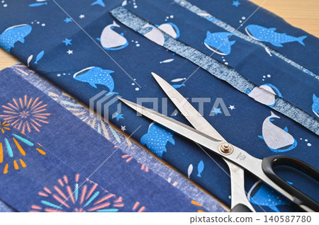 Cool blue fabric and sewing tools Cool blue fabric and sewing tools 140587780