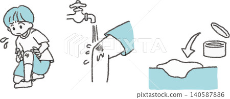 An illustration of a boy performing first aid on a scrape (washing with water and applying petroleum jelly) (moist wound healing/injury care). An illustration of a boy performing first aid on a scrape (washing with water and applying petroleum jelly) (moist wound healing/injury care). 140587886