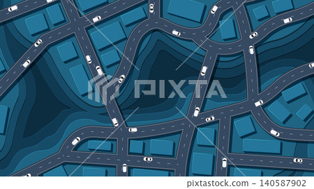 Traffic intersection from top view with cars. Concept vehicle with road and crossroad. Generic city map with signs of streets, roads. Abstract navigation plan of small urban area. Vector illustration 140587902