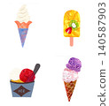 Collage-style handwritten ice cream set (soft serve ice cream, popsicle, cup ice cream, cone) 140587903
