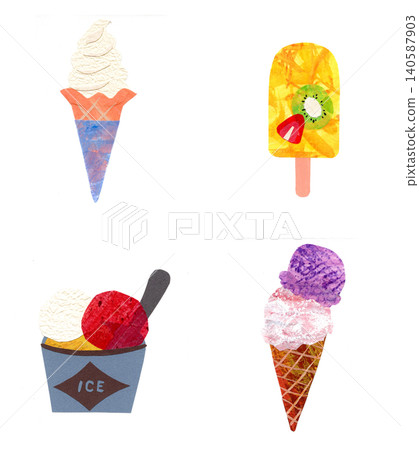 Collage-style handwritten ice cream set (soft serve ice cream, popsicle, cup ice cream, cone) 140587903