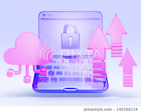 Cloud computing security concept. Purple glass laptop with padlock on screen, pink cloud and arrows on blue 3d background. Secure data uploads, files storage, network backup service. 3D illustration Cloud computing security concept. Purple glass laptop with padlock on screen, pink cloud and arrows on blue 3d background. Secure data uploads, files storage, network backup service. 3D illustration 140588154