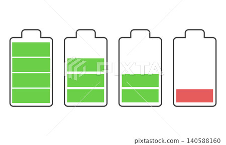 A set of simple color icon illustrations to indicate battery level. A set of simple color icon illustrations to indicate battery level. 140588160