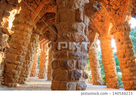 Columns designed by Antoni Gaudi in park Guell in Barcelona, Spain Columns designed by Antoni Gaudi in park Guell in Barcelona, Spain 140588215
