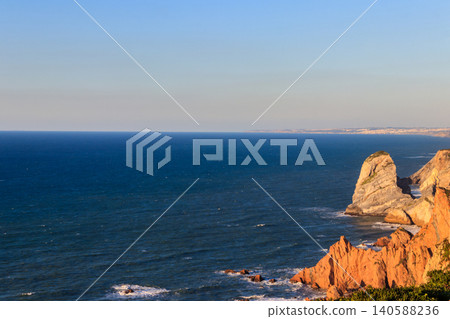 View of the Atlantic Ocean from Cabo da Roca. Cabo da Roca or Cape Roca is westernmost cape of mainland Portugal, continental Europe and the Eurasian land mass View of the Atlantic Ocean from Cabo da Roca. Cabo da Roca or Cape Roca is westernmost cape of mainland Portugal, continental Europe and the Eurasian land mass 140588236