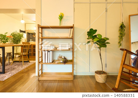 A room with bookshelves and houseplants A room with bookshelves and houseplants 140588331