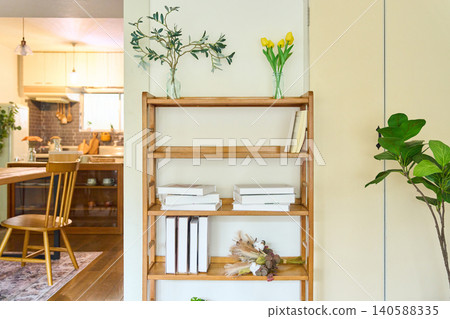 A room with bookshelves and houseplants A room with bookshelves and houseplants 140588335