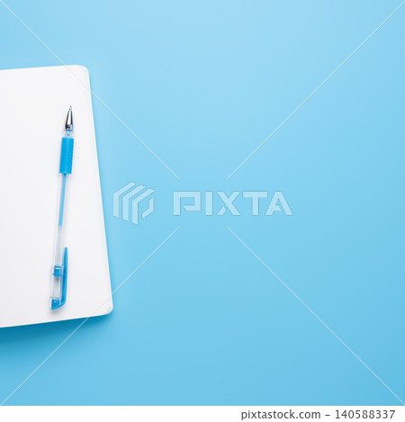 open notebook pen minimal blue background open notebook pen minimal blue background 140588337