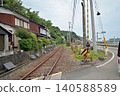 A station overlooking the sea; the tracks continue on. 140588589