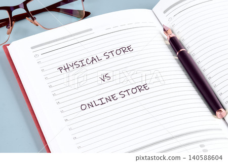 A colorful notebook lays open with thoughtful notes contrasting physical and online stores A colorful notebook lays open with thoughtful notes contrasting physical and online stores 140588604