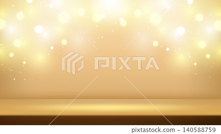 Golden bokeh background with empty studio stage podium and bright glowing lights for product display Golden bokeh background with empty studio stage podium and bright glowing lights for product display 140588759