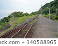 A station overlooking the sea; the tracks continue on. 140588965