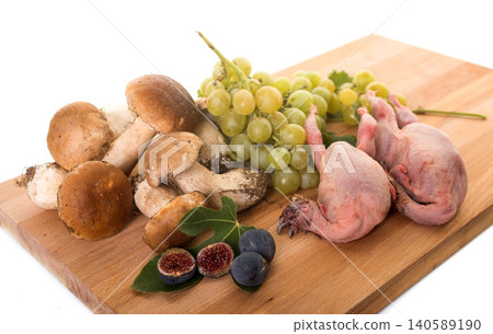 fruits, quail and boletus edulis fruits, quail and boletus edulis 140589190