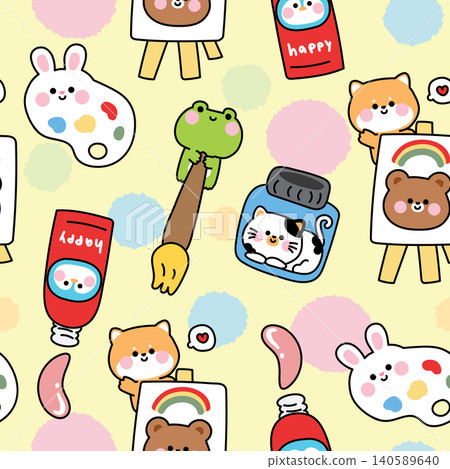 Seamless pattern of cute animals cartoon in stationery art pastel background.Paiting.Drawn.Brush. Seamless pattern of cute animals cartoon in stationery art pastel background.Paiting.Drawn.Brush. 140589640