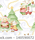Animal family Christmas celebration with funny goats and sheep with Christmas trees, lights garlands and gifts watercolor seamless pattern on white. Happy lambs cartoon characters in snow background 140590072