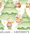 Happy baby lamb and goat decorating Christmas tree with stars watercolor seamless pattern on white. Cute cartoon animal characters in winter clothes for New year wrapping paper and holiday designs 140590075