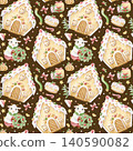 Christmas gingerbread house cake with desserts and gifts watercolor seamless pattern on dark background. Hand drawn repeat backdrop with cartoon goat character decorating home for winter holidays 140590082