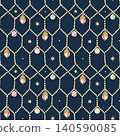 Christmas lights garland with lanterns, stars and baubles at night watercolor seamless pattern on dark blue. Hand drawn festive repeat background for New Year winter holiday 140590085