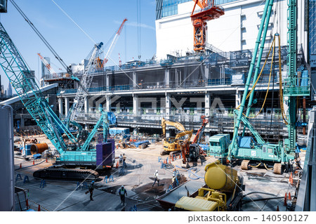 JR Shibuya Station West Exit under construction: Crane and Yamanote Line platform. 2026.06 a-4 Cool Color JR Shibuya Station West Exit under construction: Crane and Yamanote Line platform. 2026.06 a-4 Cool Color 140590127