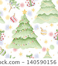 Christmas tree with baubles seamless pattern on white with pastel watercolor splashes for Happy New Year greetings and winter holiday paper. Simple drawing with mistletoe and hanging balls ornaments 140590156