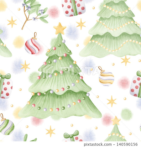 Christmas tree with baubles seamless pattern on white with pastel watercolor splashes for Happy New Year greetings and winter holiday paper. Simple drawing with mistletoe and hanging balls ornaments 140590156