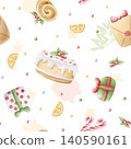 Watercolor Christmas desserts and presents seamless pattern on white. Candy cane, decorated cake, Yule log and dried orange background for New Year festive wrapping paper with holiday food and gifts 140590161