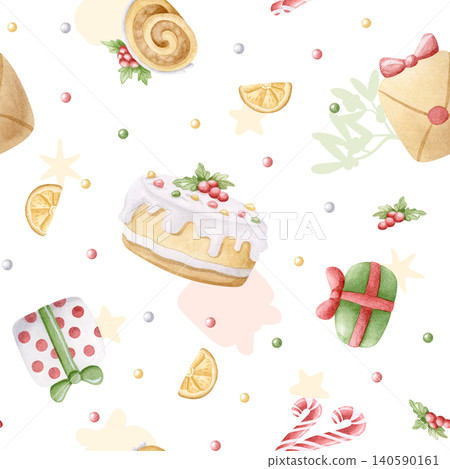 Watercolor Christmas desserts and presents seamless pattern on white. Candy cane, decorated cake, Yule log and dried orange background for New Year festive wrapping paper with holiday food and gifts Watercolor Christmas desserts and presents seamless pattern on white. Candy cane, decorated cake, Yule log and dried orange background for New Year festive wrapping paper with holiday food and gifts 140590161