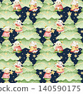 Cartoon baby lambs and goats with Christmas trees and stars at night watercolor seamless pattern on dark blue. Cute hand drawn animal characters in winter clothes for New year holiday designs 140590175