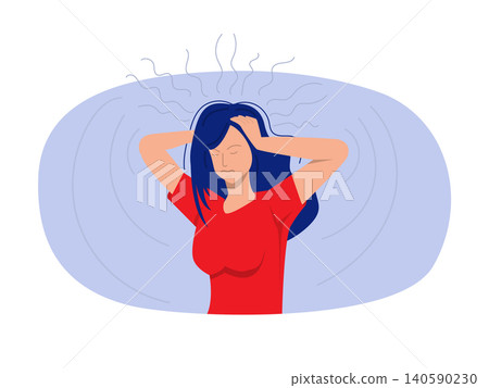 Girl experiences panic attack and clutches head, needing treatment from psychotherapist or psychologist Panic attack mental health concept vector Girl experiences panic attack and clutches head, needing treatment from psychotherapist or psychologist Panic attack mental health concept vector 140590230