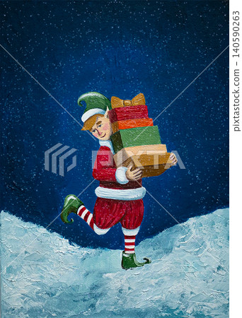 A New Year's illustration featuring a cute little elf. Delivering gifts on Christmas Eve on a snowy winter night.The fairytale scene is hand-drawn. Suitable for design, cards, greetings, and printing. A New Year's illustration featuring a cute little elf. Delivering gifts on Christmas Eve on a snowy winter night.The fairytale scene is hand-drawn. Suitable for design, cards, greetings, and printing. 140590263