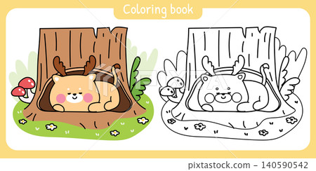 Coloring book.Cute deer smile sleep in cavity tree.Wild animal character cartoon design 140590542