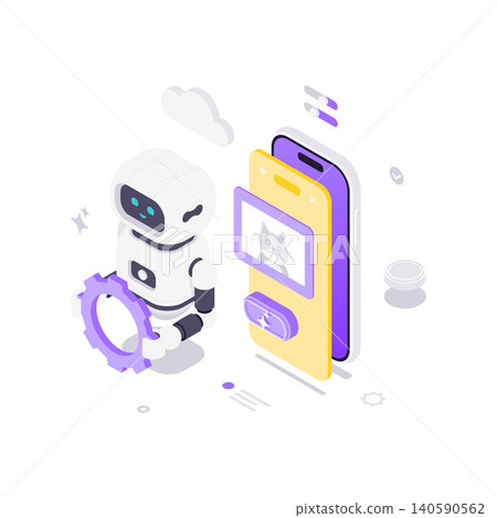 AI Robot For Mobile App Development And UI Settings Isometric Vector Illustration AI Robot For Mobile App Development And UI Settings Isometric Vector Illustration 140590562