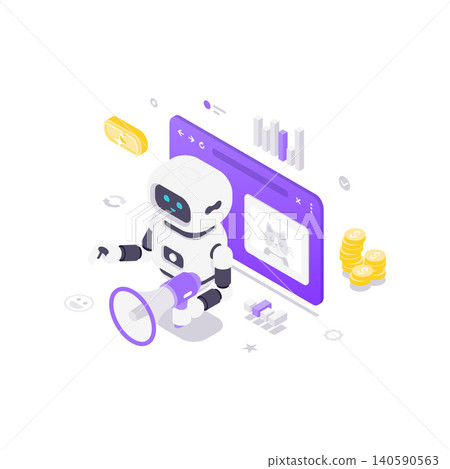 AI Robot For Content Promotion And Digital Marketing Isometric Vector Illustration AI Robot For Content Promotion And Digital Marketing Isometric Vector Illustration 140590563