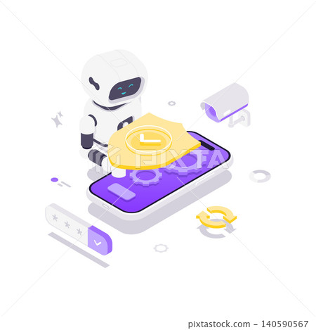 AI Robot For Mobile Phone Data Security And Privacy Protection Isometric Vector Illustration AI Robot For Mobile Phone Data Security And Privacy Protection Isometric Vector Illustration 140590567
