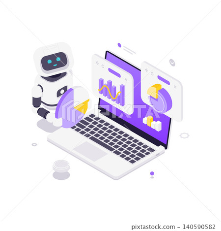 AI Robot For Business Data Analytics And Financial Strategy Isometric Vector Illustration 140590582