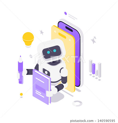 Robot With Book For Mobile Learning And App Development Isometric Vector Illustration Robot With Book For Mobile Learning And App Development Isometric Vector Illustration 140590595